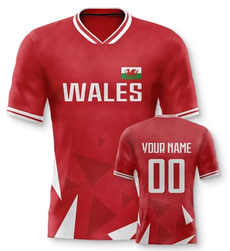 Wales Personalisiertes Fussball Trikot 3D Druck Football Shirt mit Ihrem Namen und Nummer Hip Hop Football Jersey für Herren Damen Kinder