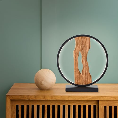 Lightbox LED Tischlampe mit 28 cm Höhe - zeitlose Tischleuchte mit Schalter - 7,5 W - 850 lm - 3000 K - aus Aluminium/Metall/Holz aus Monterey-Kiefer - in Schwarz/Braun