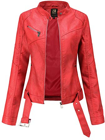Rumity Damen Jacke Motorrad Lederimitat Stehkragen Mantel Kunstleder Jacke Bikerjacke mit Nieten Reißverschluss für Outdoor Herbst Frühling Lederjacke GefüTtert Damen Trenchcoat Damen Lang