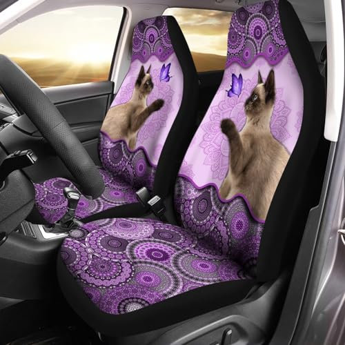 Bulopur Autositzbezüge für Damen und Mädchen, Motiv: Siamkatze mit Mandala-Motiv, atmungsaktiv, hohe Rückenlehne, atmungsaktiv, 2 Stück