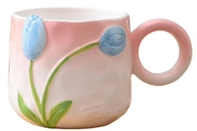 CAPIJIONG Tazza in ceramica dipinta a mano da 500 ml, a forma di tulipano, adatta per forno a microonde, ideale per la colazione a casa delle coppie, colore: rosa
