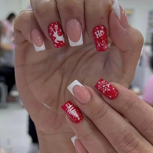 Prosy 24pcs Christmas Nails Short Square Fake Nails Red Elk Forest Snowflakes False Nails Snowman Gold Foil Glitter Press on Nails for Women and Girls (Red I)
