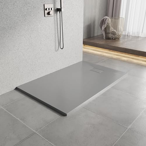 Heilmetz Receveur de Douche 140x90x2.6cm Bac de Douche en Verre-RéSine SMC, Bac à Douche avec Drain Inclus, pour Cabine Douche, Effet Pierre, Gris