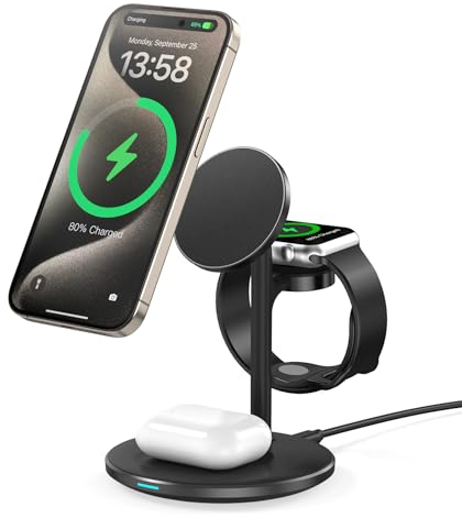 Mag-Safe Station de Charge inductive 15 W pour iPhone 15 14,3 en 1 pour Plusieurs appareils, Chargeur Mag-Safe pour iWatch Ultra 2/1/Series 9, AirPods, Noir