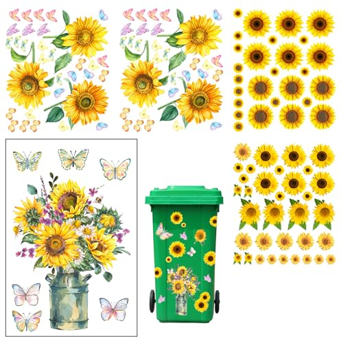 5 Pcs Wheelie Bin Stickers,Sunflower Bin Stickers for Wheelie Bins, Self Adhesive Wheelie Bin Stickers Decorative for Wall, Door, Bin, Fridge House Decorative