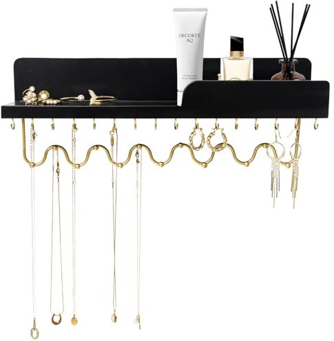 Lampaggio Hängeschmuck-Organizer mit 29 Haken und Kosmetikablage, Moderner Wandschmuckhalter aus Holz für Halsketten, Armbänder, Ohrringe und Ringe, schwarz