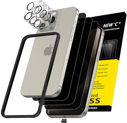 NEW'C 3x Protector Pantalla privacidad para iPhone 15 Pro (6,1) y 3x Protector de Lente de Cámar+ Tapón Antipolvo-Ángulo de Privacidad 28 Grados- Herramienta de instalación fácil