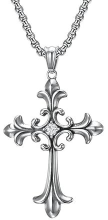 Joievievie Collier Pendentif Croix Fleur de Lys Diamant Simulé Gothique Vintage Bijoux Homme