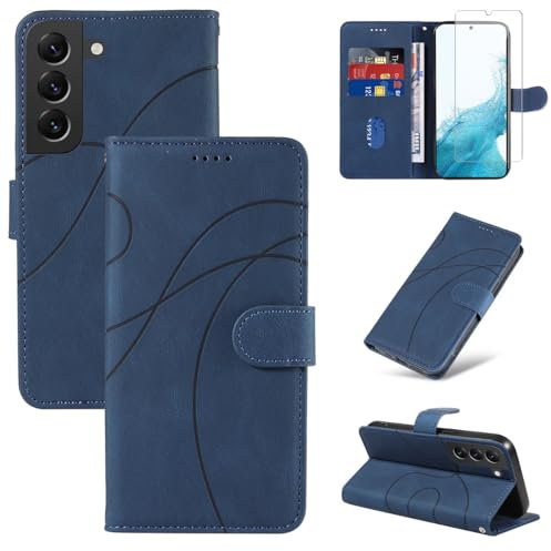 Reshias Cover per Samsung Galaxy S22 5G con 1 Pezzo Vetro Temperato Pellicola Protettiva, Pelle PU e Flip Custodia, Funzione Supporto e Portafoglio Caso (Blu)