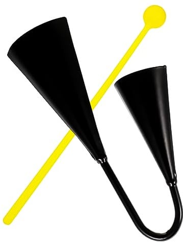 Doppelte Metall Kuhglocke Musikinstrument Schwarz | Robustes Eisen, Kleiner Klangkörper, mit Holzhammer, für Draußen, als Cheering Bell und Doorbell