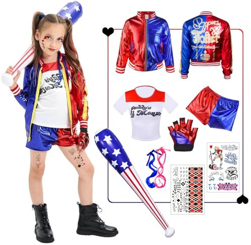Quinn Kostüme Kinder, Damen, Mädchen Bösewicht Quinn Cosplay Suicide Clown Kostüm Set mit Jacke, T-Shirt, Shorts, Handschuh Perücken Tattoo Baseballschläger Cosplay für Karneval Faschings Halloween