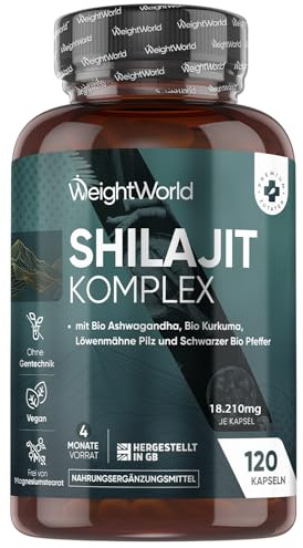 Shilajit Gelules 18210mg, Shilajit Himalaya Complexe 120 Gélules Vegan, Ashwagandha Bio, Curcuma Bio, Champignon Crinière de Lion et Poivre Noir, Riche en Acide Fulvique, Acide Humique et Minéraux