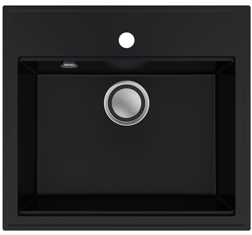 SINK QUALITY Spülbecken Schwarz Granit 56 x 51 cm - Küchenspüle mit Siphon Pop Up - Waschbecken Küche Schwarz - Spülbecken für 60 cm Schrank - Einbauspüle Einzalbecken - Abwaschbecken Küche