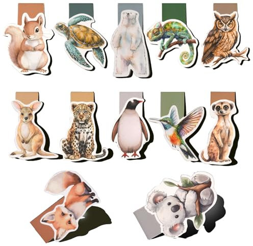 Magnetische Niedliche Tiere Lesezeichen - 12 Stück Magnetlesezeichen für Schüler, Lehrer, Buchliebhaber - Mitgebsel Kindergeburtstag