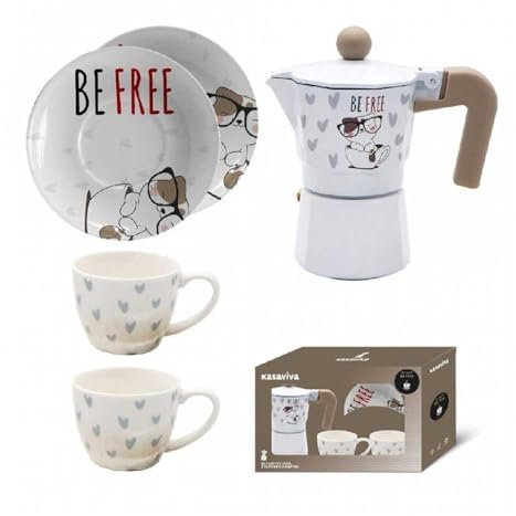 Kasaviva Set Caffettiera Be Free Con Due Tazze Con Piattino Colore Tortora e Bianco