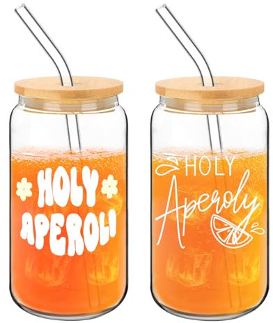 FloralGrace 2 Stück Aperol Gläser, Glas mit Deckel und Strohhalm,Holy Aperoly, Aperol Geschenke Frau,für Cocktails,Aperol Geschenke,Aperol Spritz Gläser Geschenkset