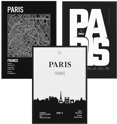 ag.art deco® 3er Set Poster 30x40cm Ohne Rahmen Wanddeko Wohnzimmer Flur | Paris Schwarzweiß hochwertiger Kunstdruck Modernes Wandbild Stadtplan Paris Schlafzimmer Wohnzimmer Bilder, Modernes Design