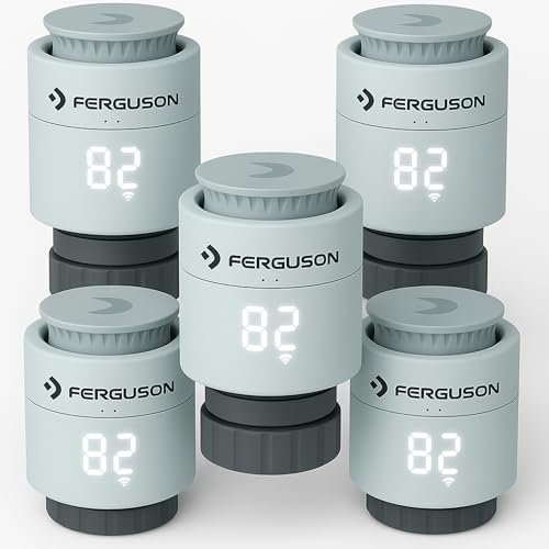 Ferguson 5X Smart Thermostatkopf ZigBee – Heizkörperthermostat programmierbar mit App Steuerung, Funkthermostat für Smart Home Set kompatibel mit Home Connect System
