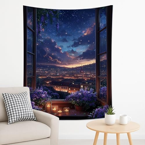 Twilight Stadtbild-Wandteppich, violettes Blumenmuster, dekorativer Wandbehang, traumhafte Wandteppiche, ästhetisch für Schlafzimmer, Wohnzimmer, Arbeitszimmer, perfekt als Herbstdekoration, 152,4 x