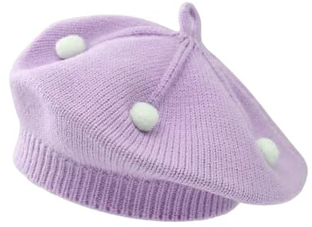 Rayson Wintermützen für Jungen und Mädchen Strickmütze Kinder Süße Baskenmütze Weiche und Bequeme Wintermütze Hut mit Kleinen Weißen Kugeln Als Verzierung Lila