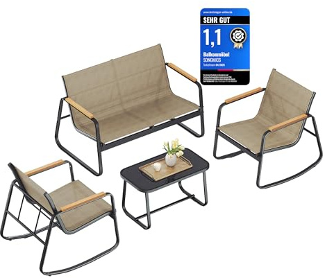 SONGMICS Garden Furniture Set, Patio Furniture, 2 Rocking Chairs, Table, Loveseat, Outdoor Furniture, Steel, with Armrests, Breathable Synthetic Fabric, Backyard, Terrace, Light Brown GGF0028KZ01