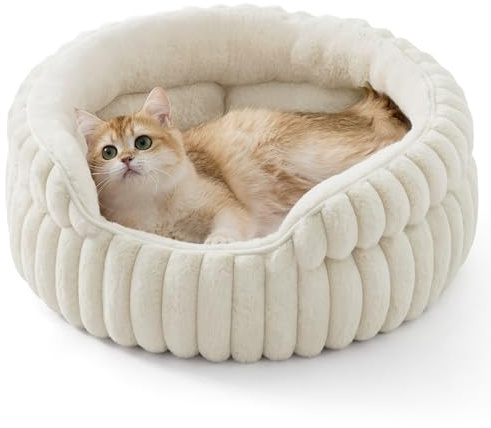 Bedsure Cat Beds Washable Corduroy Fleece Puppy Bed, 51x51cm | Round Hug-Style Kitten Pet Bed for Deep Sleep with High Sides, Removable Reversible Cushion, Non-Slip Bottom, White