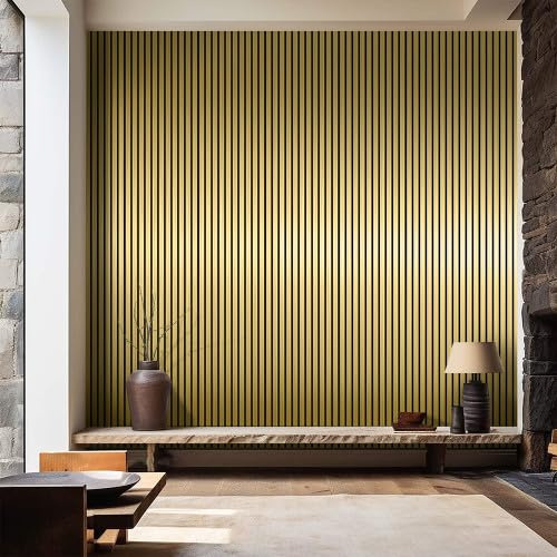 Aston Bs Acoustic Wood Slat Wall Gold Panels 240 x 60cm – Premium Sound Absorbing & Fire Retardant 3D Slat Wall Panels for Studio, Living Room, Home Cinema, Wall Decoration- Gold
