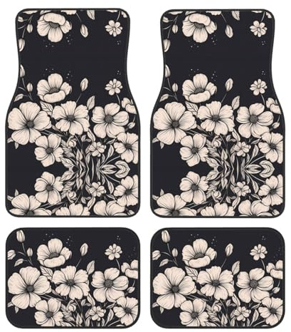 Lot de 4 tapis de sol de voiture en velours cristal AKGFFDS rose clair imprimé fleurs surface lisse antidérapant et indéformable pour voitures, camions et camionnettes