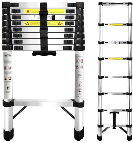 Telescopic Ladder, 2.6M Stainless Steel Loft Ladder, Portable Extendable Multi-Purpose Ladder with Non-Slip Feet Safety Lock, Max Load 150kg/330lb for Roof Outdoor Decorating