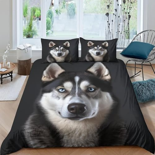 Bettwäsche 135x200 Husky Bettwäsche-Sets Atmungsaktive Angenehme Bügelfrei Microfaser 3D Bettbezug Siberian Husky mit Reißverschluss und 2 Kissenbezüge b.8425