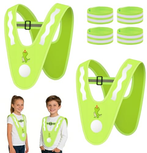 BSBUY 2 Pezzi Giubbotto di Sicurezza per Bambini Gilet, Gilet Alta Visibilità Bambini, Giubbotto Catarifrangente Bambino Collare Sicurezza a V, 4 Bracciali per Corsa, Ciclismo, Gite Scolastiche