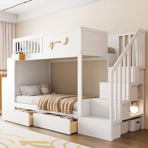 Soweiz Litera para niños con cajones de almacenamiento, escalera de seguridad, escritorio y estrellas – 90 x 200 cm, marco de madera maciza de pino (blanco)