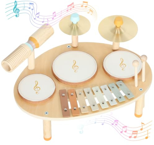 AIYAPLAY Set Musicale per Bambini con Tamburi, 2+ Anni, Legno Naturale | Strumenti Musicali in Legno e Metallo, Xilofono, Regali per Bambini e Bambine