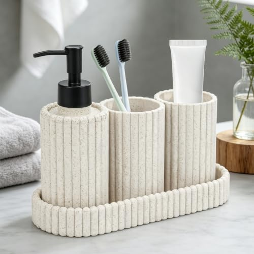 Seifenspender-Set fürs Badezimmer – 4-teiliges Badezimmer-Accessoire-Set mit Seifenspender, Zahnbürstenhalter, Becher und Ablage – ideal für die Badezimmerorganisation, Weizenstroh Farbe
