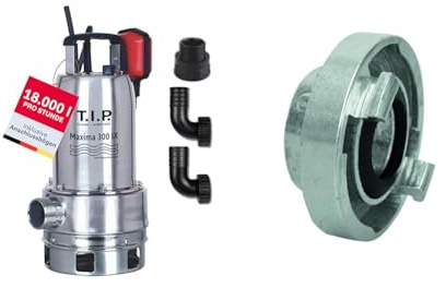 T.I.P. Maxima 300 IX Schmutzwasser Tauchpumpe Edelstahl 18000l/h 700W 30mm Vortex Laufrad Schwimmerschalter Thermoschutz robust langlebig + C52 Storz Kupplung 1,5 IG 45,48mm Silber Nitrildichtring