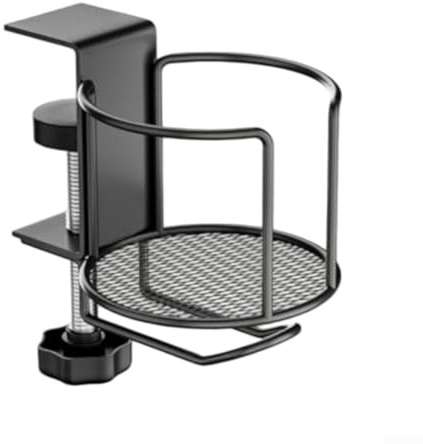 Zoegneer 2-in-1 Schreibtisch-Becherhalter zum Klemmen auf Tisch, Flaschenhalter, auslaufsicher, Edelstahl-Mesh-Basis für Büro, Gaming, Strandkorb, passend für 1 cm bis 6,8 cm dicke Tische, schwarz