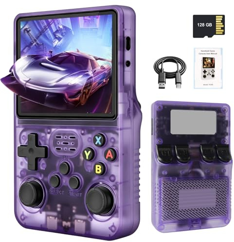 R36S Retro Handheld Video Game Console, 128GB Retro Gaming Console, 3.5 Inch HD Screen, 40000+ Classic Games, Open Source Linux System, 3500mAh Battery, Portable Game Console for Present (Purple)