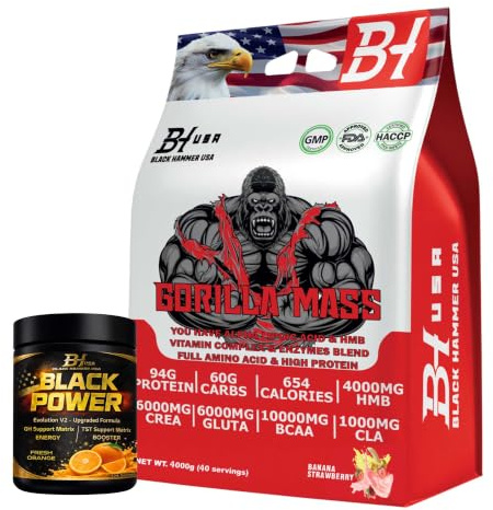 Black Hammer USA - Gorilla Mass Gainer 4KG / 8KG – 45g Protein, 30g Carbs, Creatine, BCAA, Glutamine & HMB – Weight Gainer for Muscle Growth & Recovery (4000g, Erdbeere-Banane)