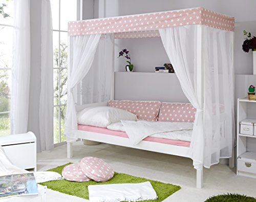 TiCAA Kinderbett Himmelbett mit Schubkasten 90x200 cm, für Jungen & Mädchen, inkl. Vorhangstoff, Montessori Bett weiß aus Kiefer Massivholz