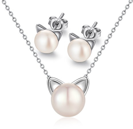 Jiamiaoi Katzen Schmuck Sets Damen Mädchen Katze Geschenk für Katzenliebhaber Ohrstecker Katze Perlenkette Silber 925 Katzen Ohrringe Weihnachts