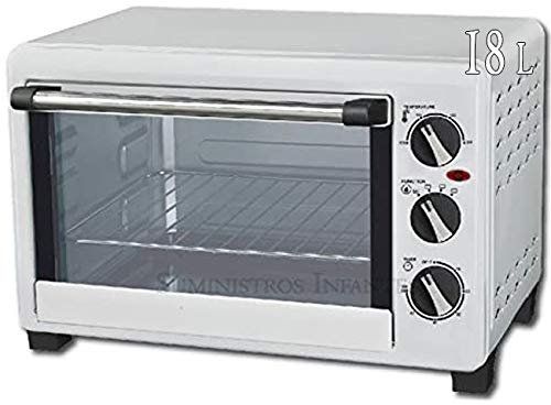 Forno elettrico 1200 W, 18 litri, Acciaio Inox, Bianco, temperatura regolabile 100-230ºc porta di doppio vetro e maniglia in acciaio inox.