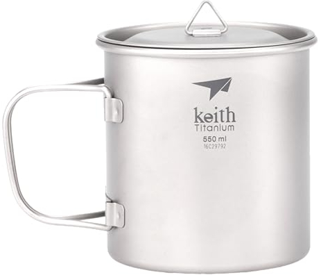 Keith Titanium Mug en Titane à Simple Paroi 550 ml, Ti3206, Mug de Voyage Portable avec Couvercle et Poignée Pliable, Idéal pour le Café, le Camping, la Randonnée, le Bivouac et les Pique-Niques