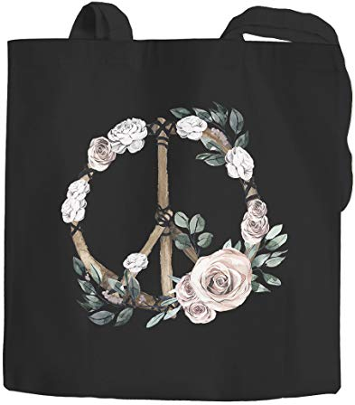 Jutebeutel Peace-Symbol Blumen Flowerpower Hippie Boho Bohemian Autiga® schwarz 2 lange Henkel