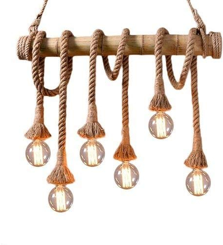 CABLEPELADO Lampara cuerda colgante Bamboo | Apto para 6 bombillas con casquillo E27 (no incluidas) | Decoración lampara Rustica | Decoración lampara Vintage | 80 cm ancho | Cáñamo natural