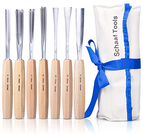 Schaaf Wood Carving Tools, 7pc Expansion Chisel Set with Canvas Case | Full Size Gouges for Beginners, Hobbyists and Professionals | Sharp, Quality-Tested CR-V 60 Steel Blades (Factory Sharpened)