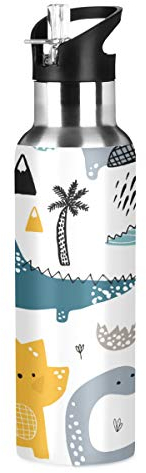 ALAZA Stainless Steel Water Bottle with Straw, Cartoon Animals Cute Dinosaur Insulated Drink Flask Sports Water Bottle for Kids Adults, Leakproof, 600ml