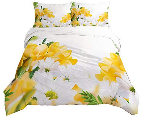 Duvet Cover Set Flower 3D Pattern Design Rose Flower Red Pink Yellow White Daisy Print Girl Lady Romantic Floral Bedding Set Quilt Cover and Pillowcase, Polyester (Yellow,Double)