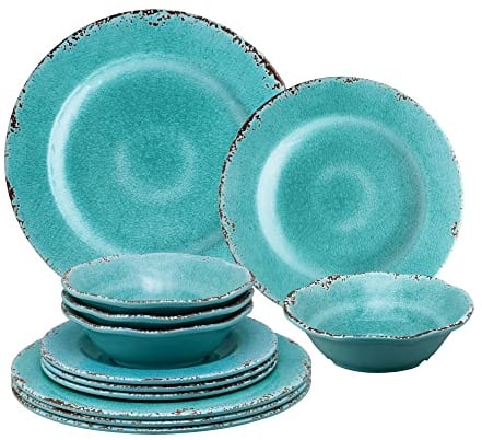 UP ware - Servizio di stoviglie in melamina, 12 pezzi, include piatti piani, piatti da insalata, ciotole, servizio per 4 persone, colore: crepito e turchese