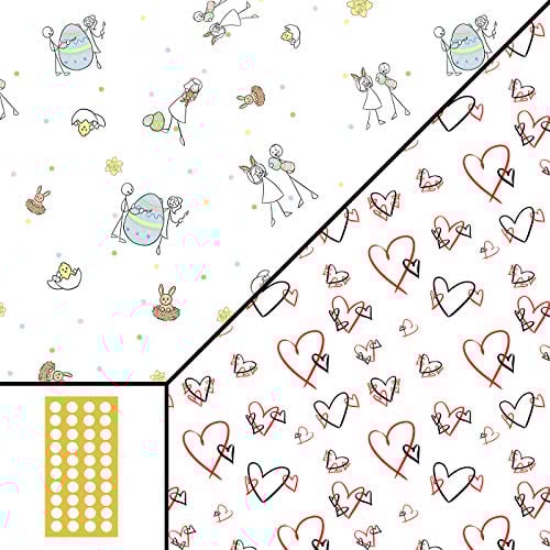 Geschenkpapier OSTERN Kinder Ostereier Osterhase - doppelseitig bedruckt Herzen rot - 5 Bogen 42x59cm gefaltet 30 Klebepunkte Aufbewahrung nachhaltig Geschenk Mädchen
