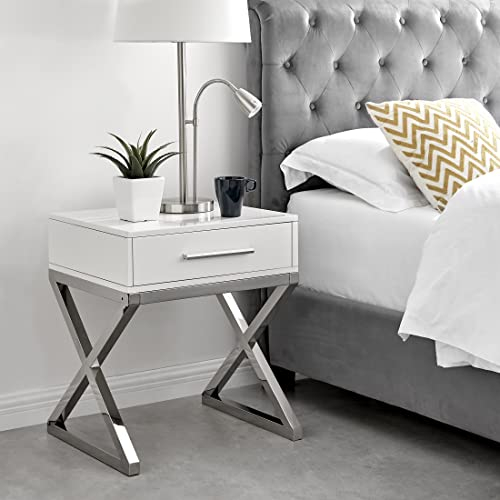 Furniturebox UK Oxford Bed Side Bedside Table With Drawer White High Gloss and Silver Chrome End Side Table Nightstand Storage Unit